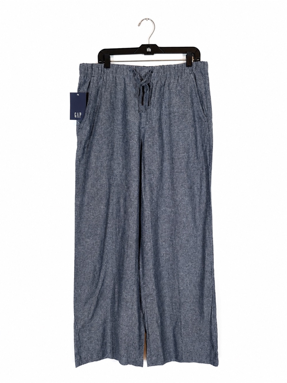GAP Blue Chambray Wide Leg Linen Pants Drawstring Size L Resort Lounge Office
